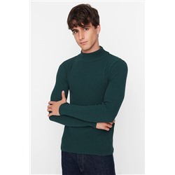 Изумрудно-зеленый мужской приталенный вельветовый трикотажный свитер с полуводолазкой TMNAW21KZ0553