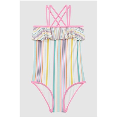 Reiss Cora Striped Frilly Cross-Back Swimsuit