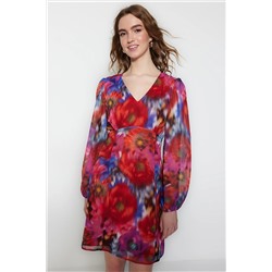 Разноцветное мини-тканое платье А-силуэта с V-образным вырезом и рисунком TWOSS23EL00569