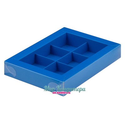 Коробка для конфет на 6 шт Синяя с пластиковой крышкой 155х115х30 мм
