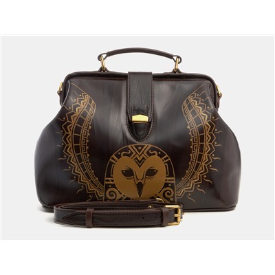 Коричневая кожаная сумка с росписью из натуральной кожи «W0023 Brown Сова орнамент»