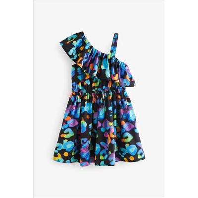 Black Print One-Shoulder Dress (3-16yrs)