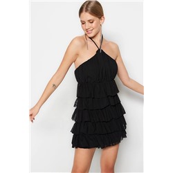 Черное элегантное вечернее платье из тюля с открытой талией/коньковой подкладкой и воланами TPRSS23EL00389