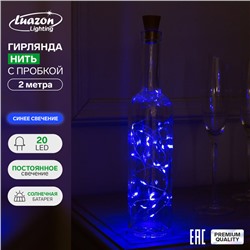 Гирлянда «Нить» 2 м роса с пробкой, IP44, серебристая нить, 20 LED, свечение синее, фиксинг, солнечная батарея