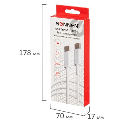 Кабель USB Type-C-Type-C с поддержкой быстрой зарядки, белый, 1 м, SONNEN, медный, 513613