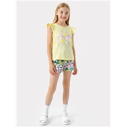 Комплект для девочек (футболка, шорты) в желтом цвете с рисунком цветов