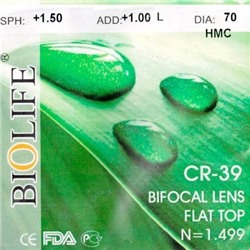 Линза полимерная бифокальная CR-39 N=1.499 Flat top bifocal HMC (цена за пару)