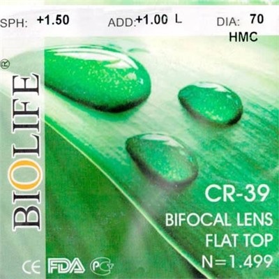 Линза полимерная бифокальная CR-39 N=1.499 Flat top bifocal HMC (цена за пару)