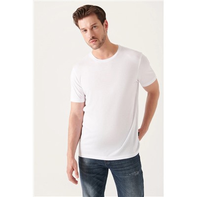 Мужская белая ультрамягкая хлопковая футболка узкого кроя с круглым вырезом E001171