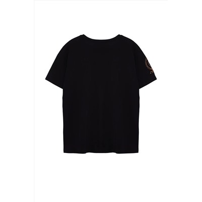 Черная трикотажная футболка свободного/широкого кроя с круглым вырезом из 100% хлопка с рукавами и вышивкой