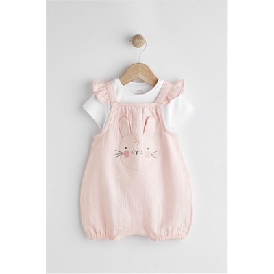 Pink Bunny Short Sleeve Short Leg Baby Dungarees (0mths-2yrs)